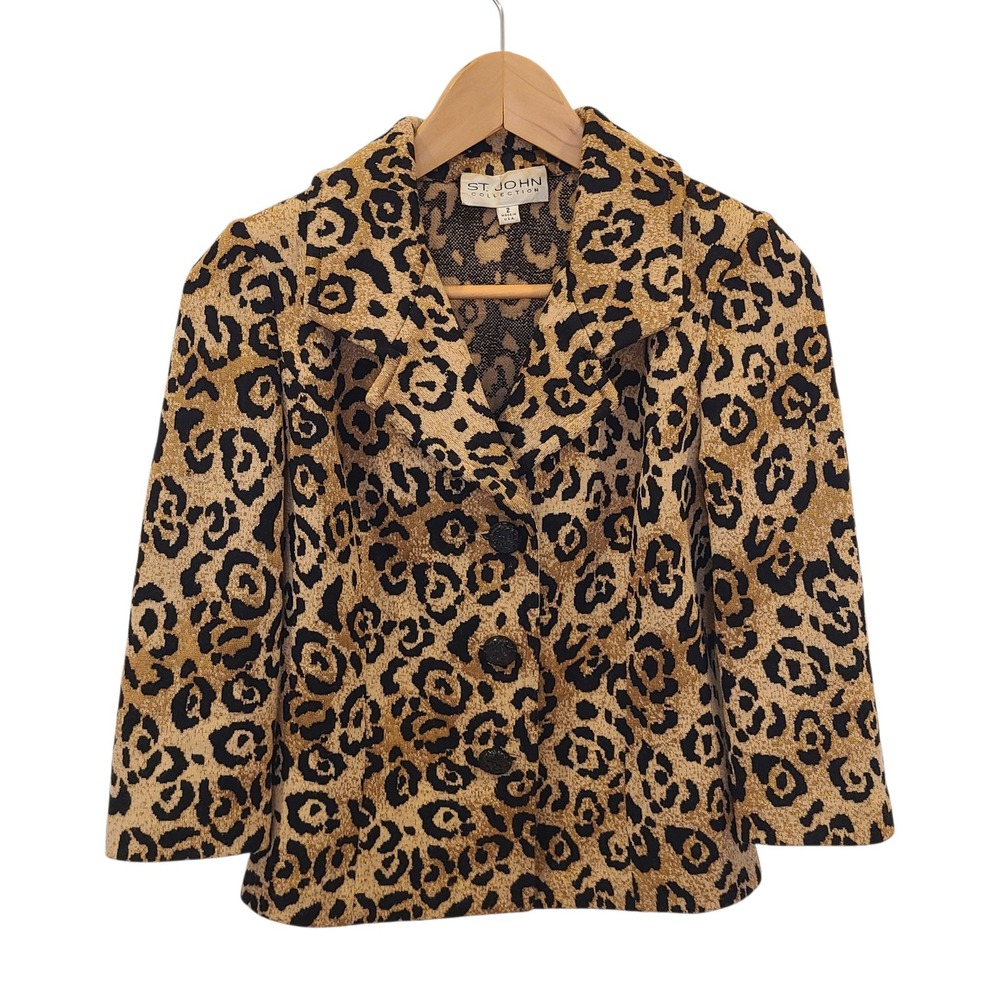St. John Collection Leopard Print Knit Blazer Jacket Tan Black Size 2 USA